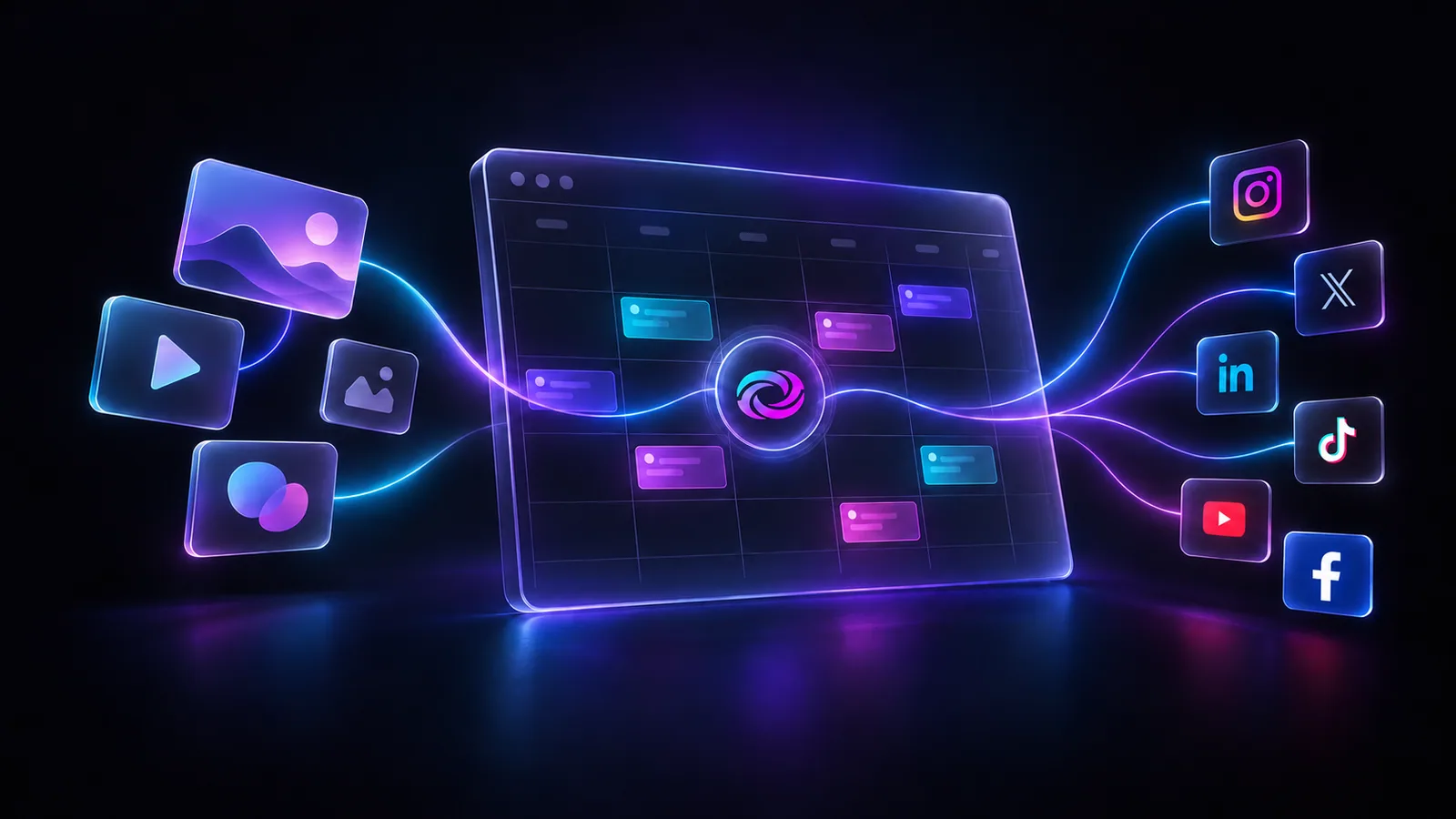 Media flows through a content calendar to every network Fydioo publishes to.
